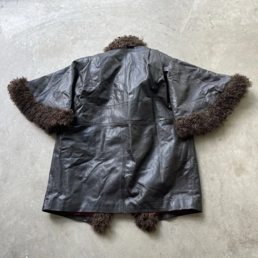 Vintage Tibetan Lamb Fur Trim Leather Coat Oversized Black Leather Size Large - Picture 8 of 8